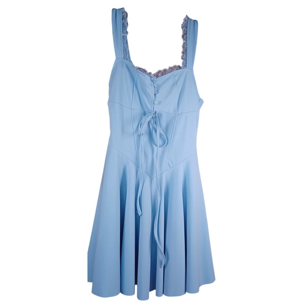 Light Blue Lace Trim Tie Front Skater Dress XS Cottagecore Coquette Wedding - Picture 2 of 6